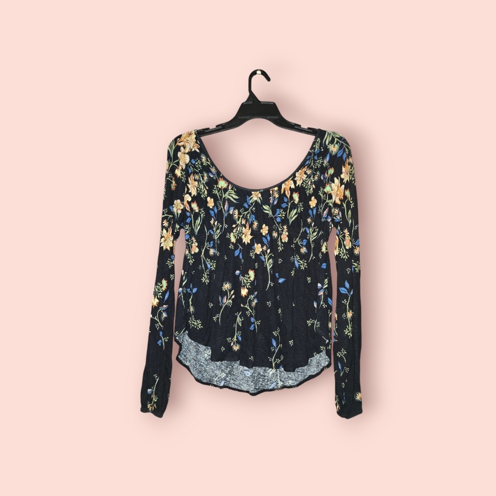 Free People Dahlia Floral Long Sleeve Top Womens Small Black Scoopneck Peasant S - Picture 2 of 3